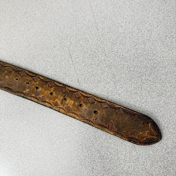 Distressed Brown Leather Belt Mens Diamond Embossed Brass Fits 35-42 1.75in - Picture 6 of 8